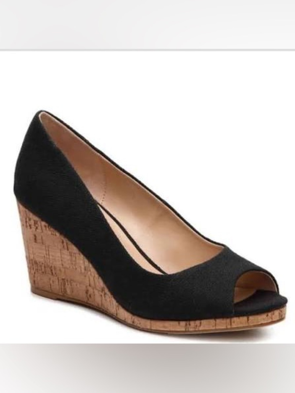 Kelly & Katie Black Cork Wedge Peep-Toe Pumps